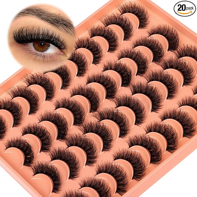 20 Pairs Fluffy False Eyelashes Cat Eye Lashes Strips Natural Look Wispy D Curl Faux Mink Eyelashes Thick Volume Strips Lashes Russian 6D Fake Eyelashes by Zegaine