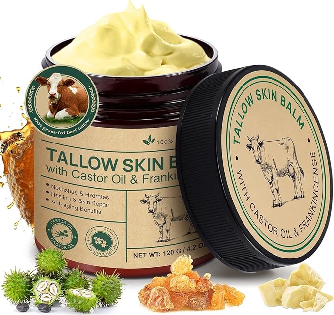 Tallow Castor Oil Frankincense Oil Handmade Skin Balm, Face & Body Moisturizer for Sensitive Skin, Eczema All-Purpose Balm, 100% Grass-Fed Tallow for Skin Care