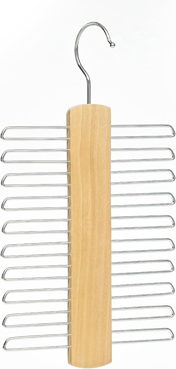 Tie Hanger Wooden Hangers Wardrobe Tie Organiser - Stylish Hanging Storage Rack With 20 Chrome Bars With Swivel Hook for Tie, Belt, Scarf Beech Wood Tie Rack Hanger (Wood)