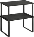 SONGMICS Spice Rack, Set of 2 Cupboard Shelf Organisers, Expandable Kitchen Shelf Organiser, Stackable Spice Holder, Metal and Engineered Wood, Ink Black and Ebony Black KCS02B01
