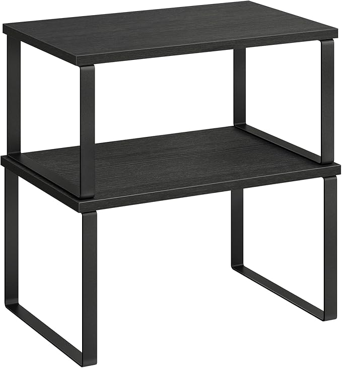 SONGMICS Spice Rack, Set of 2 Cupboard Shelf Organisers, Expandable Kitchen Shelf Organiser, Stackable Spice Holder, Metal and Engineered Wood, Ink Black and Ebony Black KCS02B01