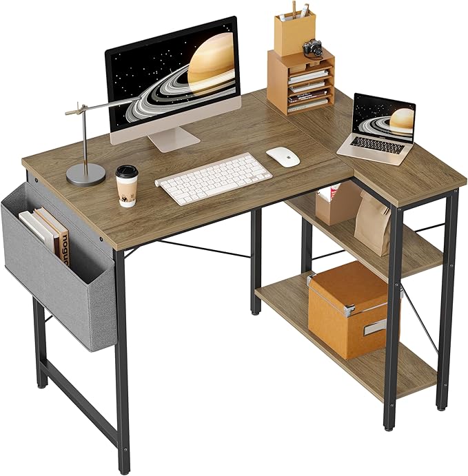 BEXEVUE L Shaped Corner Desk - 100x70 cm Study Office Gaming Desk, Computer Desk Small Writing Table, Large Reversible Storage Shelves, Bookshelf Workstation for Study Play Work Home Office, Grey