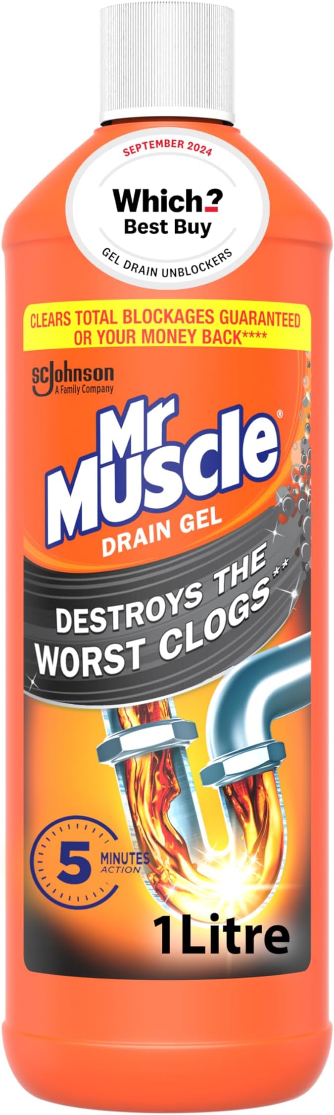 Mr Muscle Drain Unblocker, Sink & Drain Cleaner (1L) Fast Acting Heavy Duty Drain Gel, Dissolves Clogs, Works 3x Better Than Bleach, Safe for All Pipes