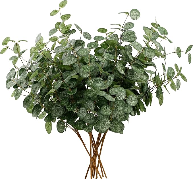 6 Bunches Eucalyptus Artificial Flowers, Artificial Eucalyptus Stems Leaves Branches Faux Silk Artificial Plants Green Foliage Greenery for Flower Arrangement Home Wedding Party Decoration