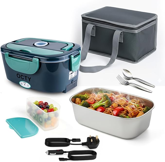 OCTY Electric Heated Lunch Box 80W 1.5L Stainless Steel Food Warmer & Electric Lunchbox for Car (12V) Lorry (24V) & Home (230V) - Self Heating Hot Food Lunch Box for Work, Travel & Drivers Green