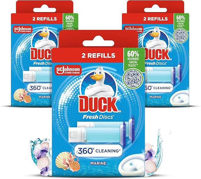 Duck Fresh Discs Toilet Cleaner Refill Twin Pack, Fights Stains That Harbour Germs, Prevents Limescale Build Up, Marine Fragrance, Pack of 3 (Total of 6 Refill Tubes)