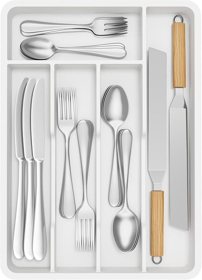 Lifewit Cutlery Drawer Organiser, Plastic Cutlery Tray for Kitchen, Utensil Flatware Silverware Holder Divider for Spoons Forks Knives Tableware, 5 Compartments, 24 x 34cm, White