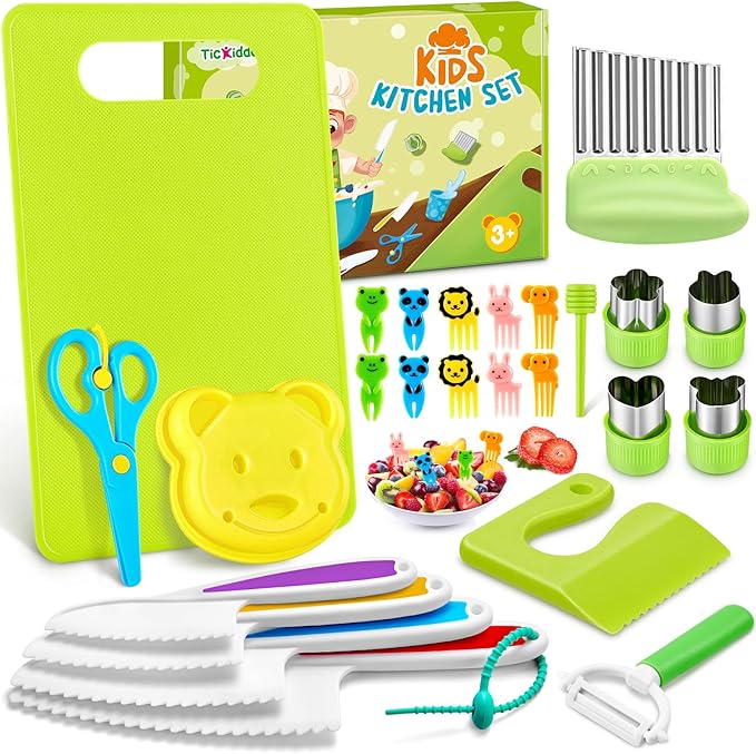 Toddler Knife Set, 25 Pcs Kids Knife Set for Chopping,Toddler Safe Plastic Knife/Serrated Edges/Cutting Board/Fruit Cutters/Sandwich Cutter Kids Kitchen Set for Real Cooking