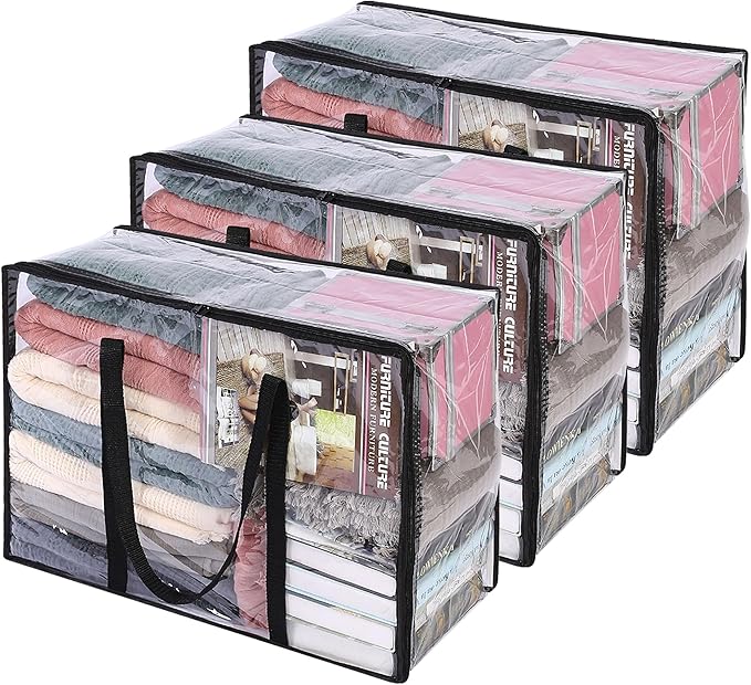 Vieshful 3 Pack Clear Comforter Storage Bag, 40L Clothes Storage Bag with Zipper Closet Organizer, Plastic Storage Containers Moving bags for Comforter, Blanket, Bedding, Duvet, Toys