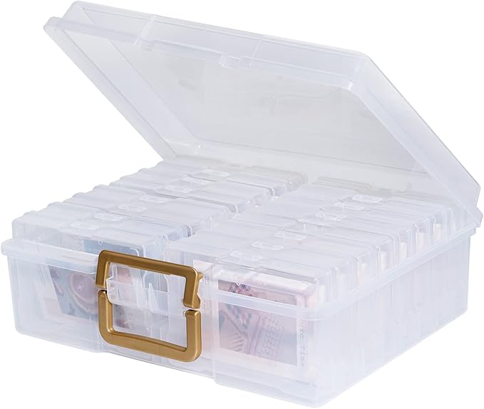 novelinks Photo Case 4" x 6" Photo Box Storage - 16 Inner Photo Keeper Photo Organizer Cases Photos Storage Containers Box for Photos (Clear-Gold Handle)