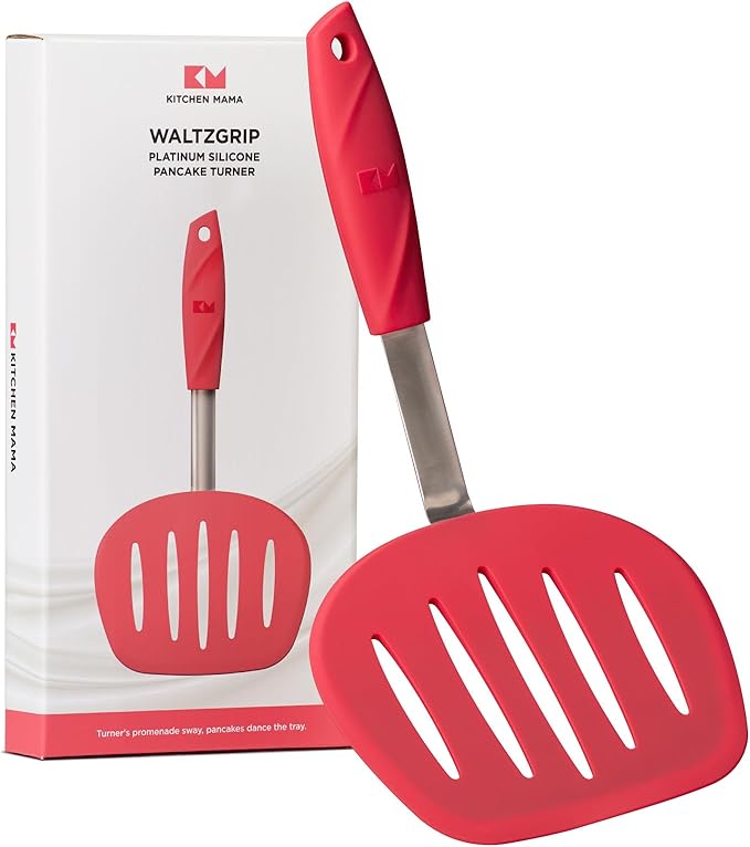 Kitchen Mama WALTZGRIP Platinum Silicone Pancake Spatula Turner: Heat-Resistant, Wide Slotted Tapered Head Stainless Steel Core. Durable, Dishwasher-Safe, Flipping Cooking Needs, Wok Use (Red)