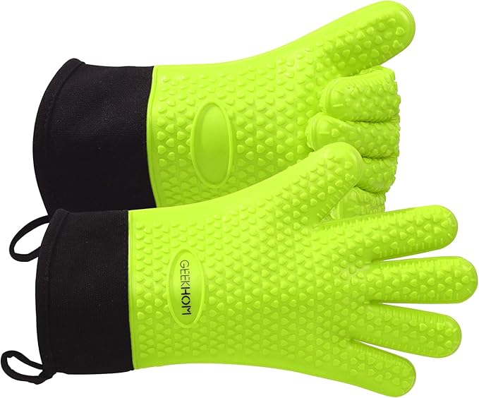 GEEKHOM Silicone Oven Gloves Heat Resistant Silicone Oven Mitts BBQ Gloves Waterproof Kitchen Gloves for Barbecue Grilling Weber Microwave, Non-Slip Oven Gloves with Fingers, Green