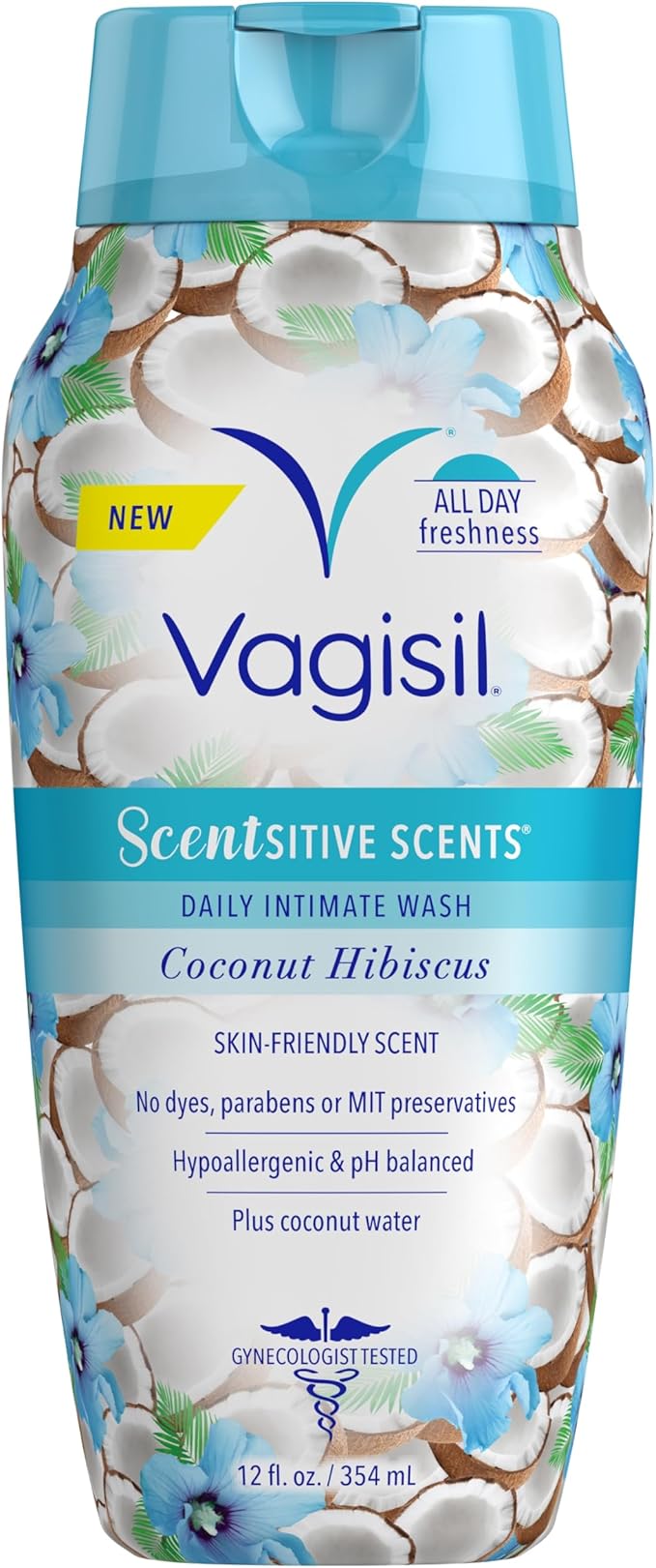 Vagisil Scentsitive Scents Daily Feminine Intimate Wash For Women, Plus Coconut Water, All-Day Freshness, Hypoallergenic, skin-friendly Coconut Hibiscus Scent, 354ml (Package may vary)