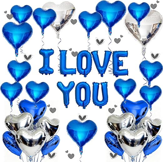 I Love You for Him/Her Balloons 31PCS Blue 18 Inch Heart Balloons Banner Romantic Decoration Kit for Valentines Party Wedding Engagement Galentines Day Bridal Shower Anniversary Decor