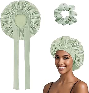 Double Layer Bow Silk Bonnet for Sleeping, Adjustable Curly Hair Satin Bonnet & Silk Hair Tie, Self Care Gifts for Women Men(green)