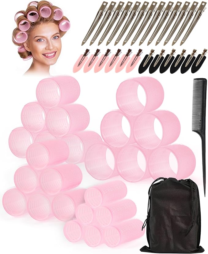 Hair Rollers with Clips 24 PCS Velcro Rollers for Hair Volume 4 Sizes (60/48/36/25mm) with 24 Clips, Big Hair Curlers Rollers for Long Medium Short Hair DIY Hairdressing (Pink)