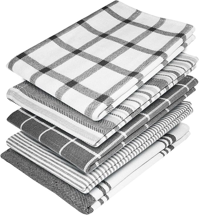Elfranso Cotton Kitchen Tea Towels - Pack of 5, Absorbent, 70 x 50 cm (Grey)