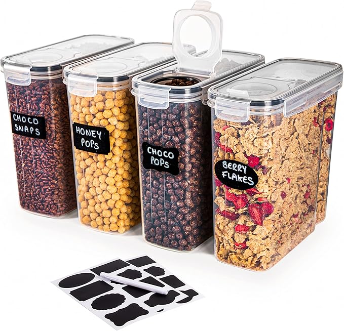 nuovva Cereal Storage Containers – 4Pcs Set Plastic Food Storage Containers – Practical Cereal Dispenser – Food Grade and BPA Free – Durable and Easy to Use – Ideal for Cornflakes, Flour Storage