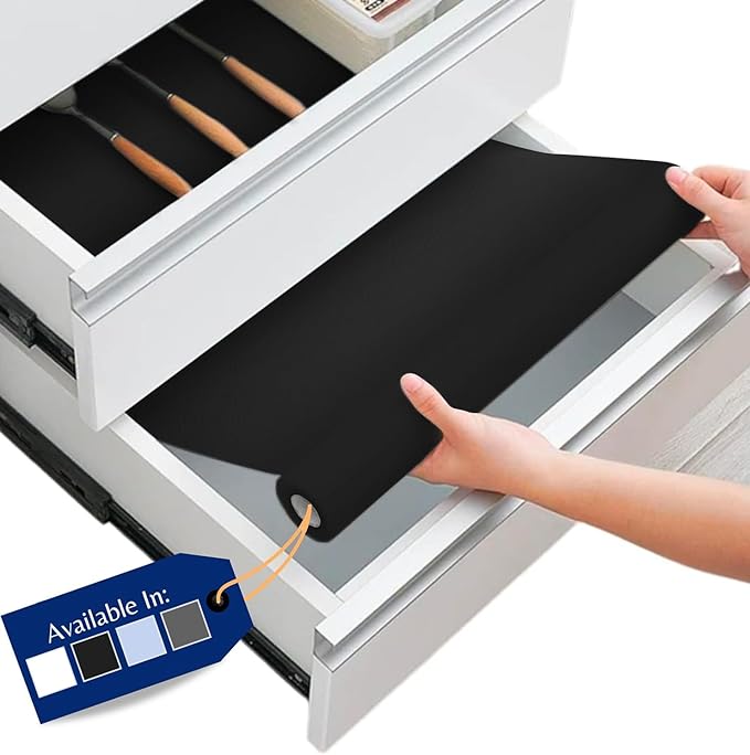 Linda's Essentials Kitchen Drawer Liners (44.5 x 500 cm) - Non-Slip Cupboard & Fridge Mats, Protects from Spills, Multi-Use Shelf & Cabinet Liner, Great Kitchen Accessory (Black)