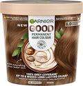 Garnier GOOD Permanent Hair Dye, 6.0 Mochaccino Brown. Provides 100% grey coverage and 8-week colour. No ammonia, vegan shea butter formula for vibrant, lasting results on all hair types.
