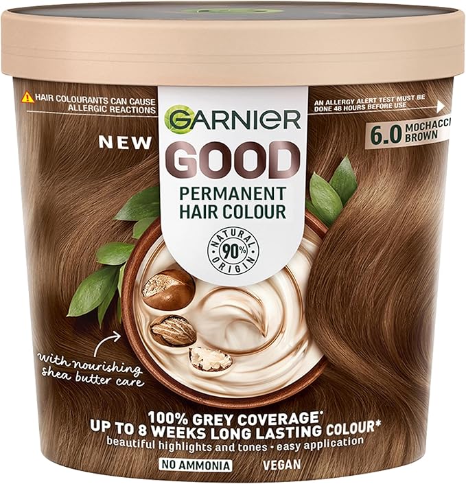 Garnier GOOD Permanent Hair Dye, 6.0 Mochaccino Brown. Provides 100% grey coverage and 8-week colour. No ammonia, vegan shea butter formula for vibrant, lasting results on all hair types.