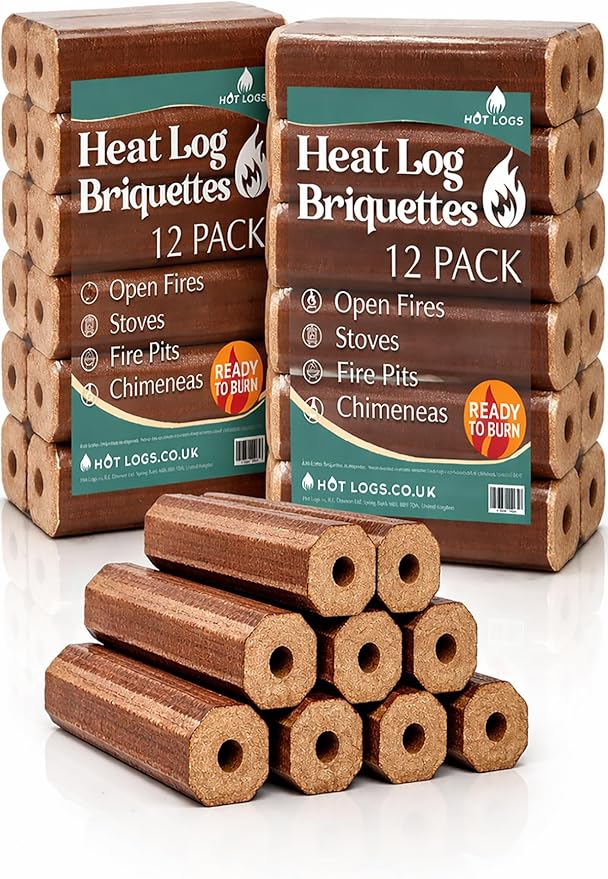 24 High Energy Hot A1 Compressed Firewood Logs (2x12)10kg Hot Burning Briquettes for Open fires, charcoal & kiln dried log, Wood Stoves, BBQ's, Log Burners, Camping Fires, Fire Pits (2x10kg Pack)