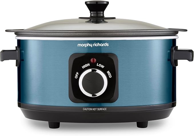Morphy Richards Accents 3.5L Sear & Stew Slow Cooker, Shatter Resistant Non Stick Aluminium Pot, Single Pot Cooking, Compact, 3 Heat Settings, Hob Proof, Glass Lid, Easy Clean, 163W, Blue, 460023