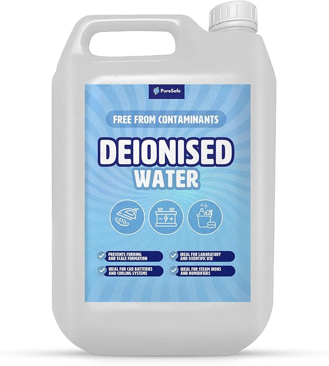 Deionised Water 5 Litre Mineral-Free Water for Car Batteries, Steam Irons, Cleaning & Laboratory Use, No Impurities, Multi-Purpose Distilled Water Alternative