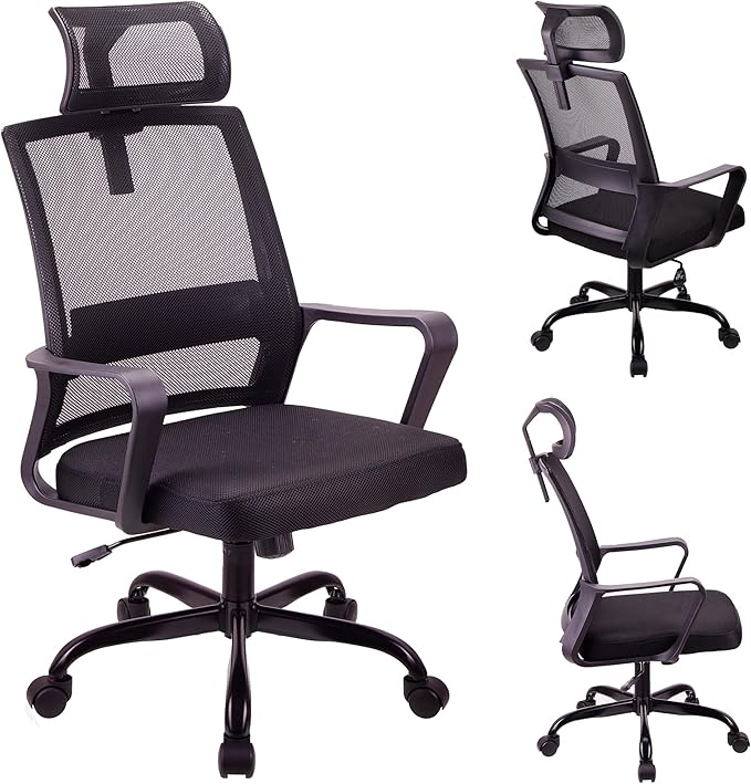 T-THREE. Adjustable headrest office chair, ergonomic mesh swivel seat, desk chair with lumbar support, height adjustment, 360° rotation, and tilt function, mesh backrest for Home Office(Black)