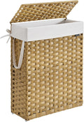 SONGMICS Slim Laundry Basket, 55L Synthetic Rattan Storage Basket with Lid and Handles, Wicker, Foldable, Removable Liners, for Blankets, Clothes, Laundry Room, Goose Yellow LCB164N01