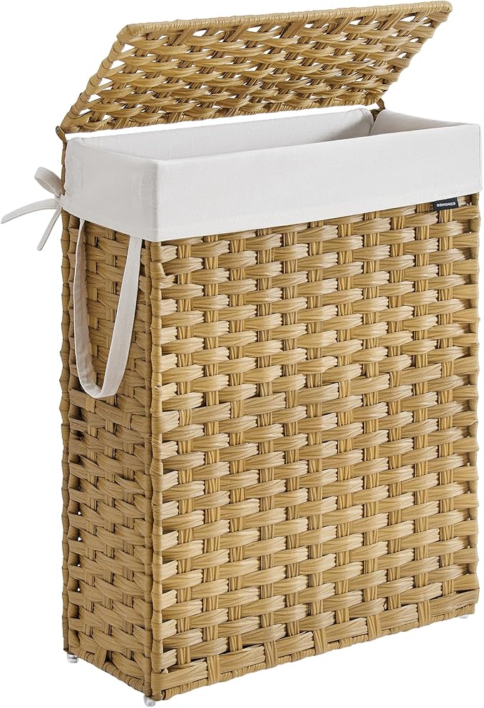SONGMICS Slim Laundry Basket, 55L Synthetic Rattan Storage Basket with Lid and Handles, Wicker, Foldable, Removable Liners, for Blankets, Clothes, Laundry Room, Goose Yellow LCB164N01
