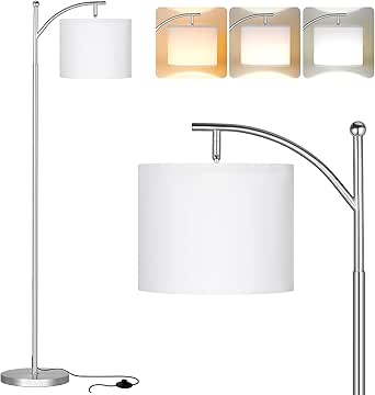 Aooshine Silver Floor Lamps for Bedroom with 3 Color Temperatures, Tall Standing Lamp with White Shade(Bulb Included)