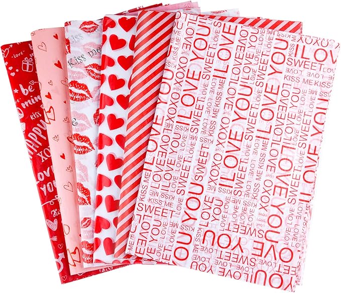 CHRORINE 60 Sheets Valentines Tissue Paper 6 Designs Gift Wrapping Paper for Valentine's Day, Wedding Party Crafts Decor