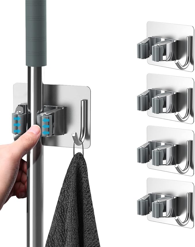 Mop Broom Holder, 4 Pcs Stainless Steel Self Adhesive Mop Holder Wall Mounted with Hooks Hanger Self-Adhesive Broom Holder for Bathroom, Kitchen, Office, Closet, Garden Garage(Silver)