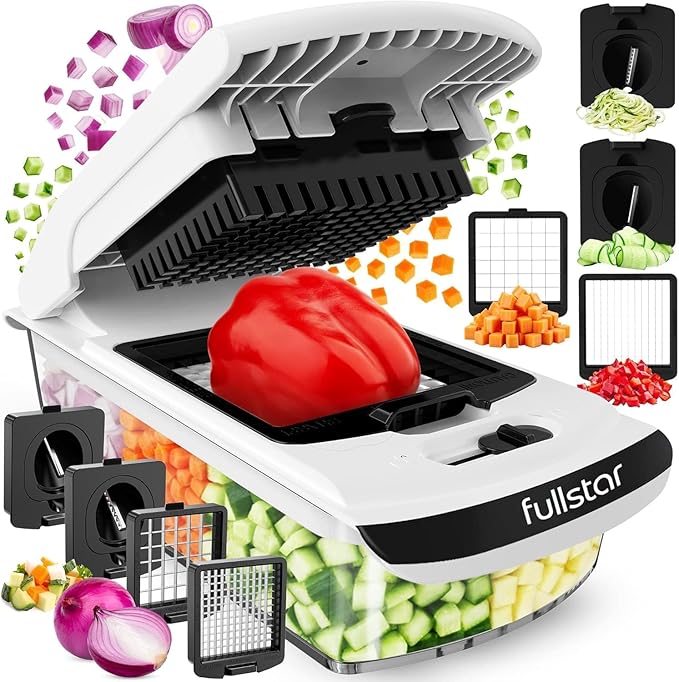 Fullstar Vegetable Chopper & Cutter - Slicer Dicer Spiralizer with Container for Food Veg Onion Cucumber Tomato Salad Potato French Fry - Kitchen Gadgets & Accessories (PRO 4-in-1, White)