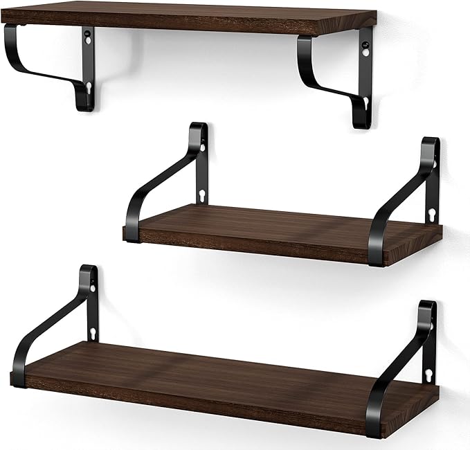 Love-KANKEI Rustic Shelves, Floating Shelves Wall Mounted Set of 3, Wall Shelf for Bedroom, Kitchen, Bathroom, Living Room, Office and More, Dark Walnut