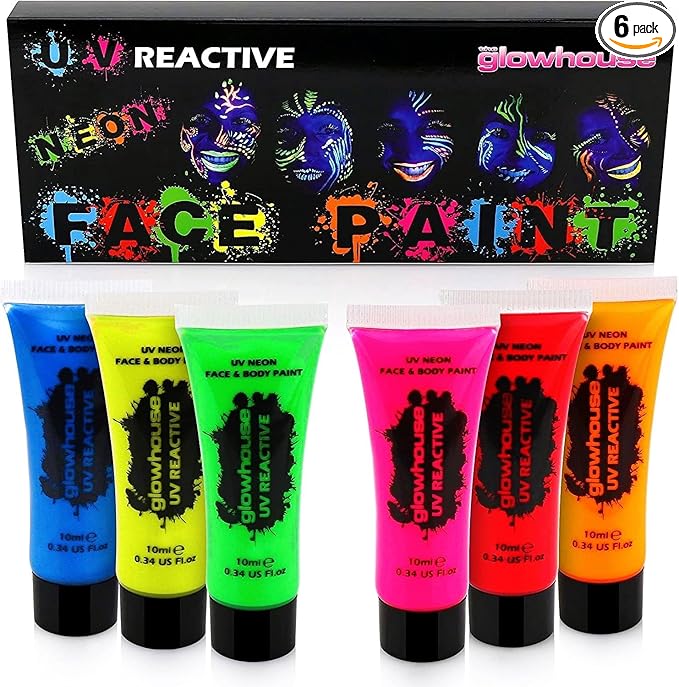 The Glowhouse UV Neon Face Paint and Body Paint Set (Pack of 6) Fluorescent Brightest Glow under UV!