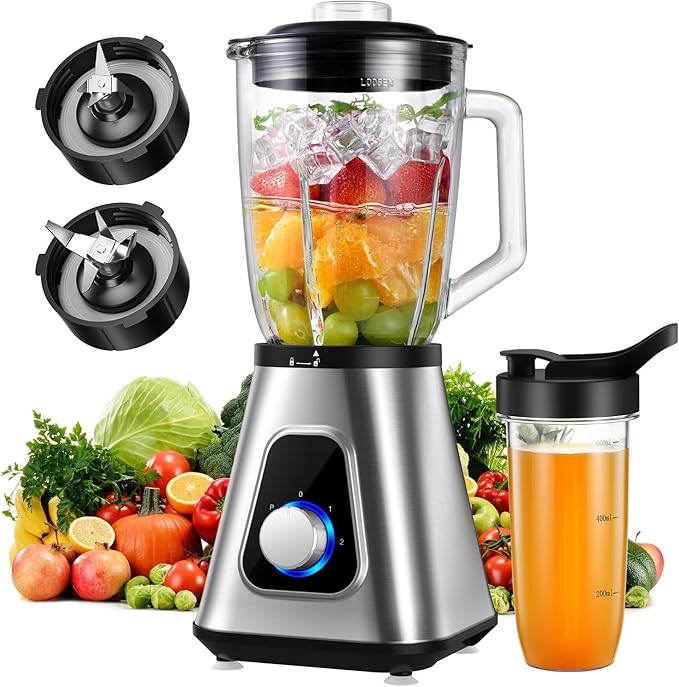 GDOR 1200W Blender 2 in 1 Smoothie Blender with 1.5L Glass Jug & 650ML Travel Cup 3 Speed Smoothie Maker Professional Jug Blenders for Smoothies, Shakes, Frozen Drinks, Ice, Sauces, Silver