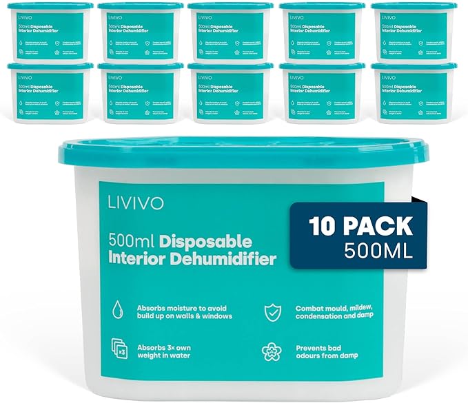 LIVIVO Dehumidifiers Disposable 500ml - 10-Pack Disposable Dehumidifiers for Home - Condensation Absorbers for Windows, Moisture Absorber, Mould Damp Trap, Interior Dehumidifier for Wardrobe, Bathroom