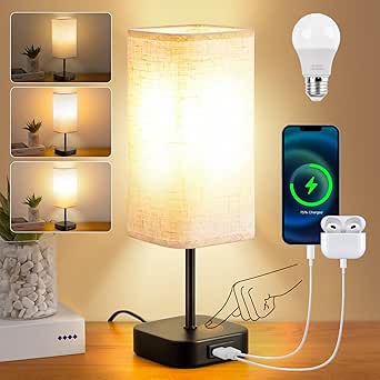 Table-Lamp-Bedside-Touch-Control-Dimmable-Charging-Rechargeable USB A+C Charger Ports 3-Way Dimmer Linen Fabric Shade Lamps LED Tables Lampe Reading Night Modern Lights Bedroom Living Bed Side Lounge[Energy Class F]