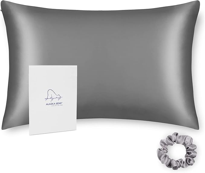 ALASKA BEAR 100% 19 Momme Mulberry Silk Pillowcase, 50x75 cm, Both Sides Silk, 600 Thread Count, Hypoallergenic Pillow Cover for Hair Skin Health with Hidden Zipper (1, Iron Gray)