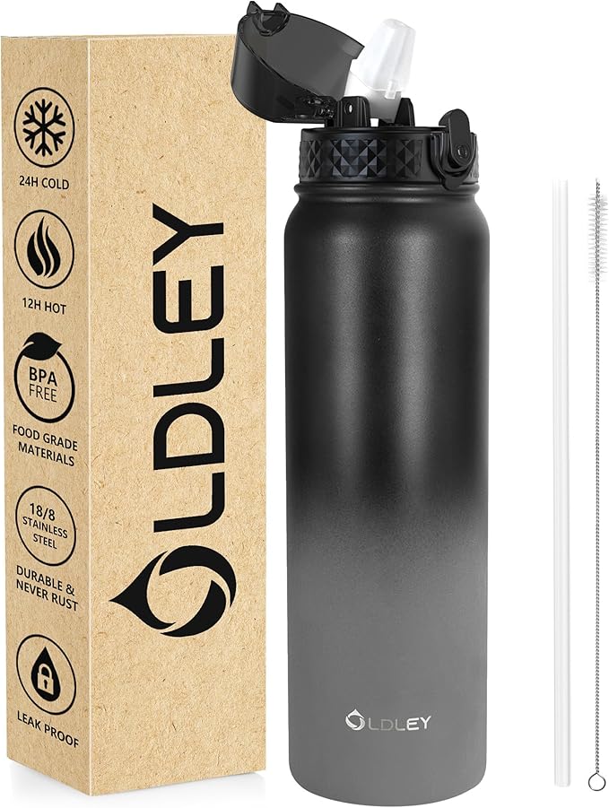 OLDLEY Stainless Steel Water Bottle with Straw 1L Vaccum Insulated Large Drink Flask Metal Water Bottles 1 Litre Leakproof Keep Drinks Hot Cold for Sports Gym Travel Adult Women Men(Black Grey, 1 Lid)