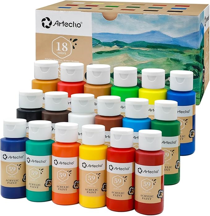 Artecho Acrylic Paint 18 Colors 2 Ounce/59ml, Acrylic Paints Set for Adults, Non Toxic, Waterproof Paint Kit for Canvas, Crafts, Glass, Model, Clay, Wood, Fabric, Poster, Leather&Rock