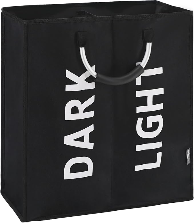 DOKEHOM 80L Large Collapsible Washing Laundry Basket Bag with 2 Sections for Bedroom, Fabric (Black)