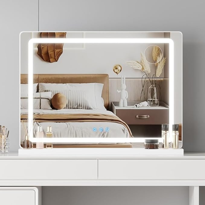 Hollywood Vanity Cosmetic Mirror with LED Lights, 58 x 45cm Large Makeup Mirror with Dimmable 3 Lighting Modes