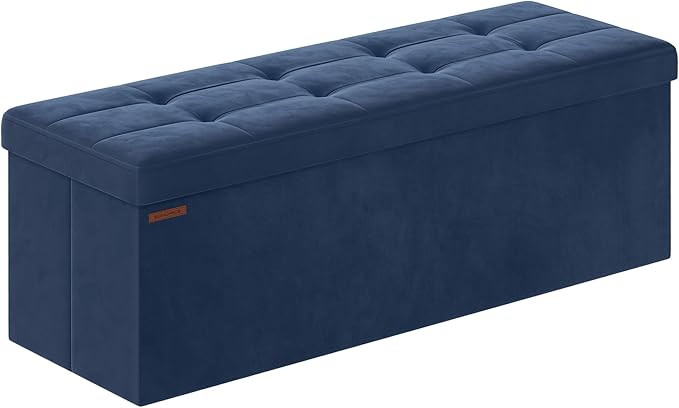 SONGMICS Storage Ottoman, Foldable Small Ottoman Foot Rest, 38 x 110 x 38 cm, Cube Ottoman with Storage, Load up to 300 kg, for Living Room, Bedroom, Entryway, Midnight Blue LSF277Q51
