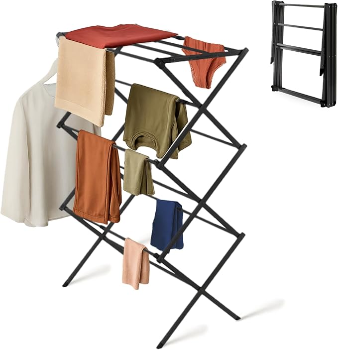 Straame 3-Tier Expandable Clothes Airer Indoor Outdoor – Slimline Drying Rack (Expanded:71×37×103 cm, Folded: 51×43×9 cm), 10 kg Capacity, Rust-Resistant, Non-Slip Feet, Heavy-Duty Design (Black)