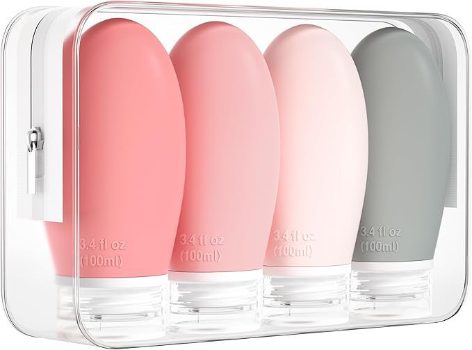 Morfone 100ml Silicone Travel Bottle for Toiletries, 4 Pack Leak Proof Refillable Squeezable Containers for Lotion Liquid Shampoo, BPA Free and TSA Approved Travel Accessories (Pink)