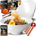 YTLEMON Ceramic Ramen Bowl Set of 2 - Porcelain Japanese Salad Noodles Cereal Fruit Pasta Soup Large Bowls 2×1000 ml 34 Ounces with Recipes Chopsticks Forks and Spoons for Party Camping（Pure White）