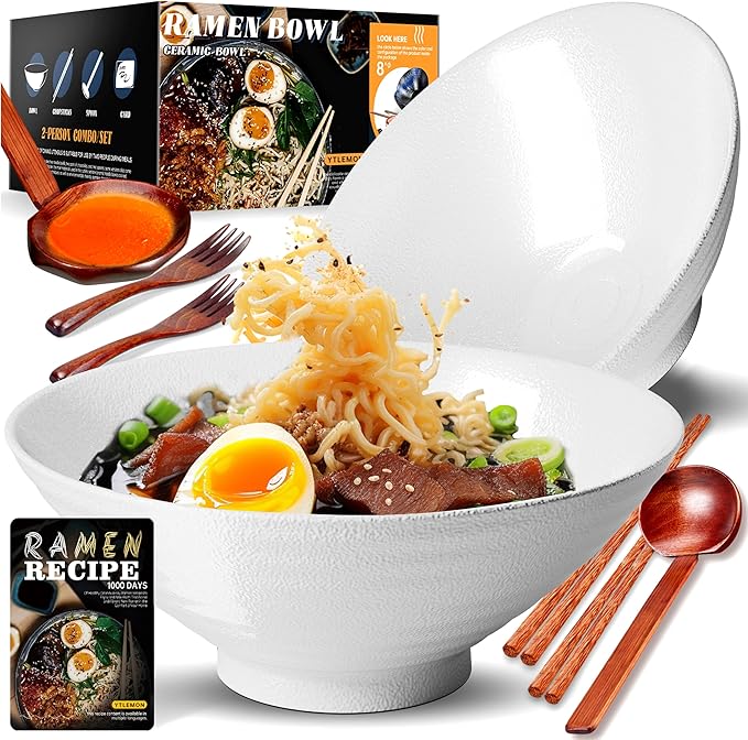 YTLEMON Ceramic Ramen Bowl Set of 2 - Porcelain Japanese Salad Noodles Cereal Fruit Pasta Soup Large Bowls 2×1000 ml 34 Ounces with Recipes Chopsticks Forks and Spoons for Party Camping（Pure White）